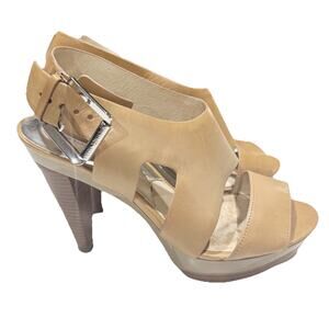 Michael Kors Tan Carla Ultra-High Peep Toe Platform Heels | Size 9M